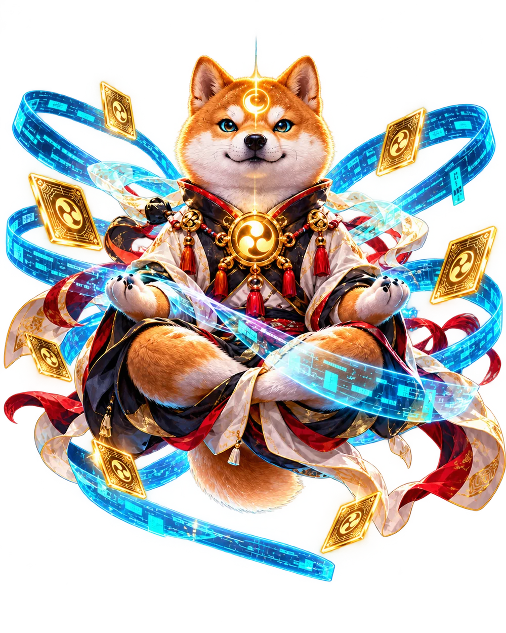 INUSI, a shiba in priest robes meditating mid-air, wrapped in glowing data ribbons and golden cards