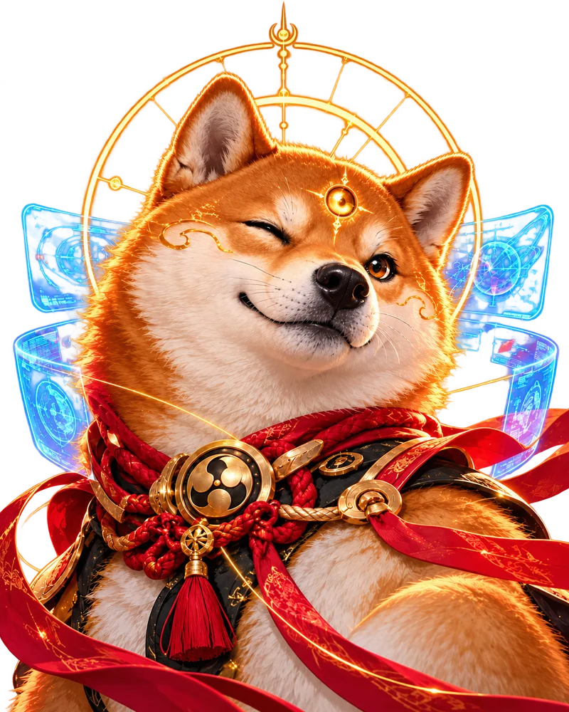 INUSI winking, a gold halo behind its head and red shrine ribbons around its neck