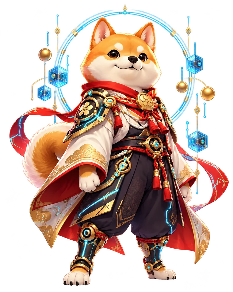INUSI standing in samurai-priest armour with glowing circuit trim