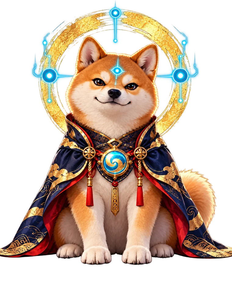 INUSI seated in a gold-trimmed indigo cape, a gold ring and circuit nodes behind its head