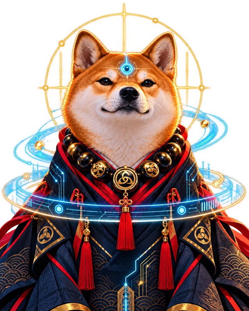 INUSI as the shrine oracle in dark robes, a circuit halo and a third eye glowing